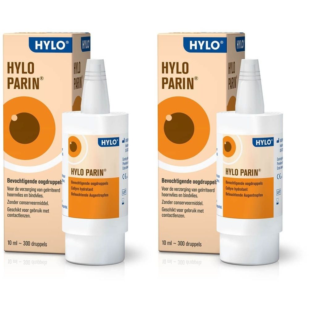 Deux boîtes et flacons de Hylo-Parin. Inscription : Hylo-Parin, gouttes oculaires hydratantes. 10 ml - 300 gouttes.
