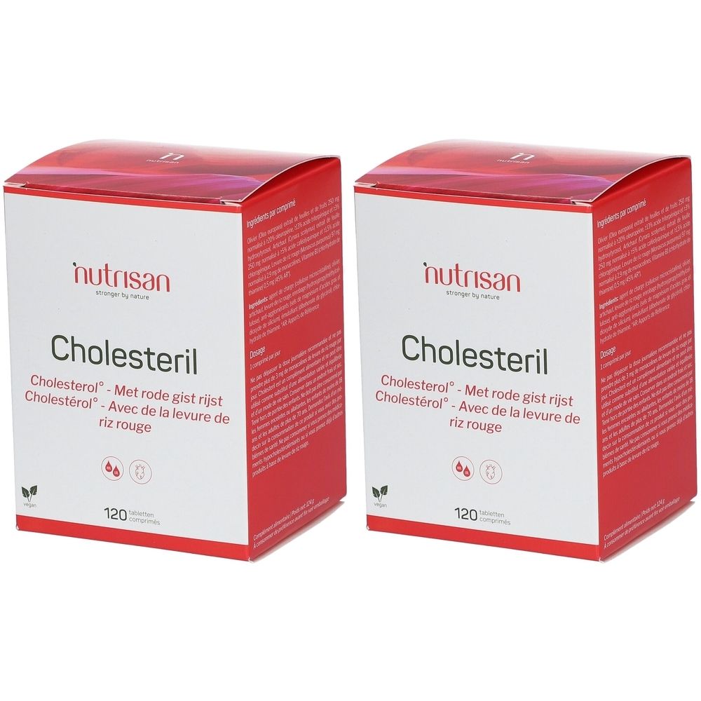 Deux boîtes rouges "Nutrisan Cholesteril". Contient 120 comprimés. Texte en néerlandais et français.