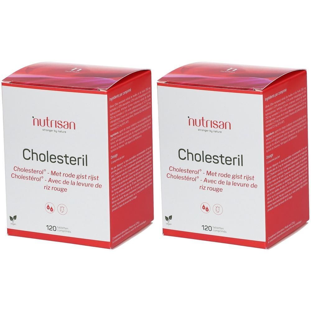 Deux boîtes rouges "Nutrisan Cholesteril". Contient 120 comprimés. Texte en néerlandais et français.
