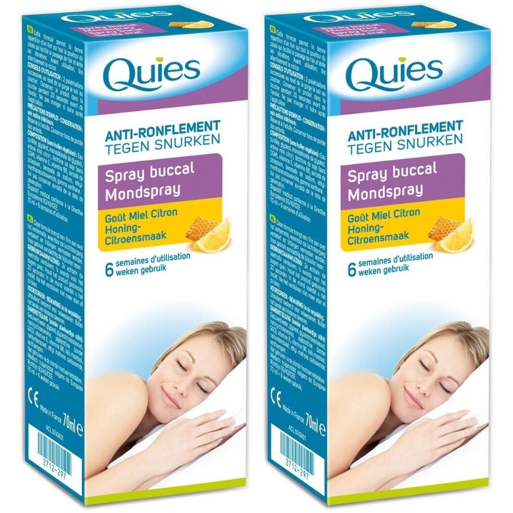 Boîte Quies Anti-Ronflement, spray buccal. Femme dormant. Goût miel-citron. 6 semaines d'utilisation.