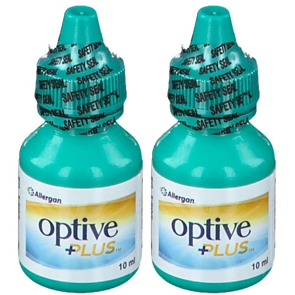 Deux flacons verts d'Optive Plus, gouttes pour les yeux. Inscription Optive Plus et 10 ml. Fermeture de sécurité.