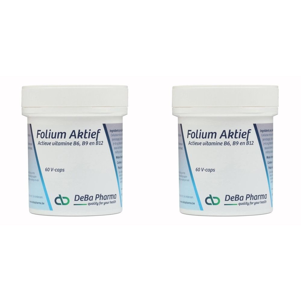 Deux boîtes blanches Folium Aktief. Inscription : Actieve vitamine B6, B9 en B12. Marque : DeBa Pharma. 60 V-cops.