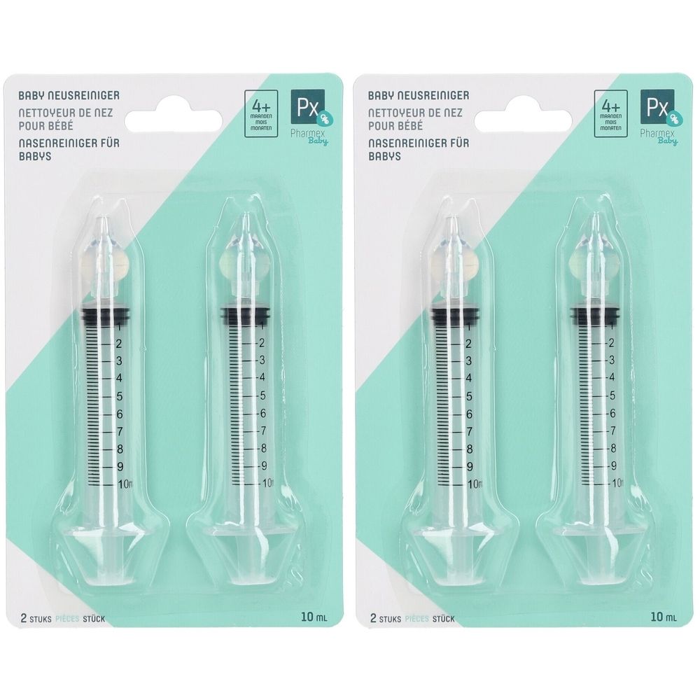 Deux nettoyeurs de nez pour bébé emballés. Seringues transparentes avec graduation et embout. Inscription: Baby Nettoyeur de nez.