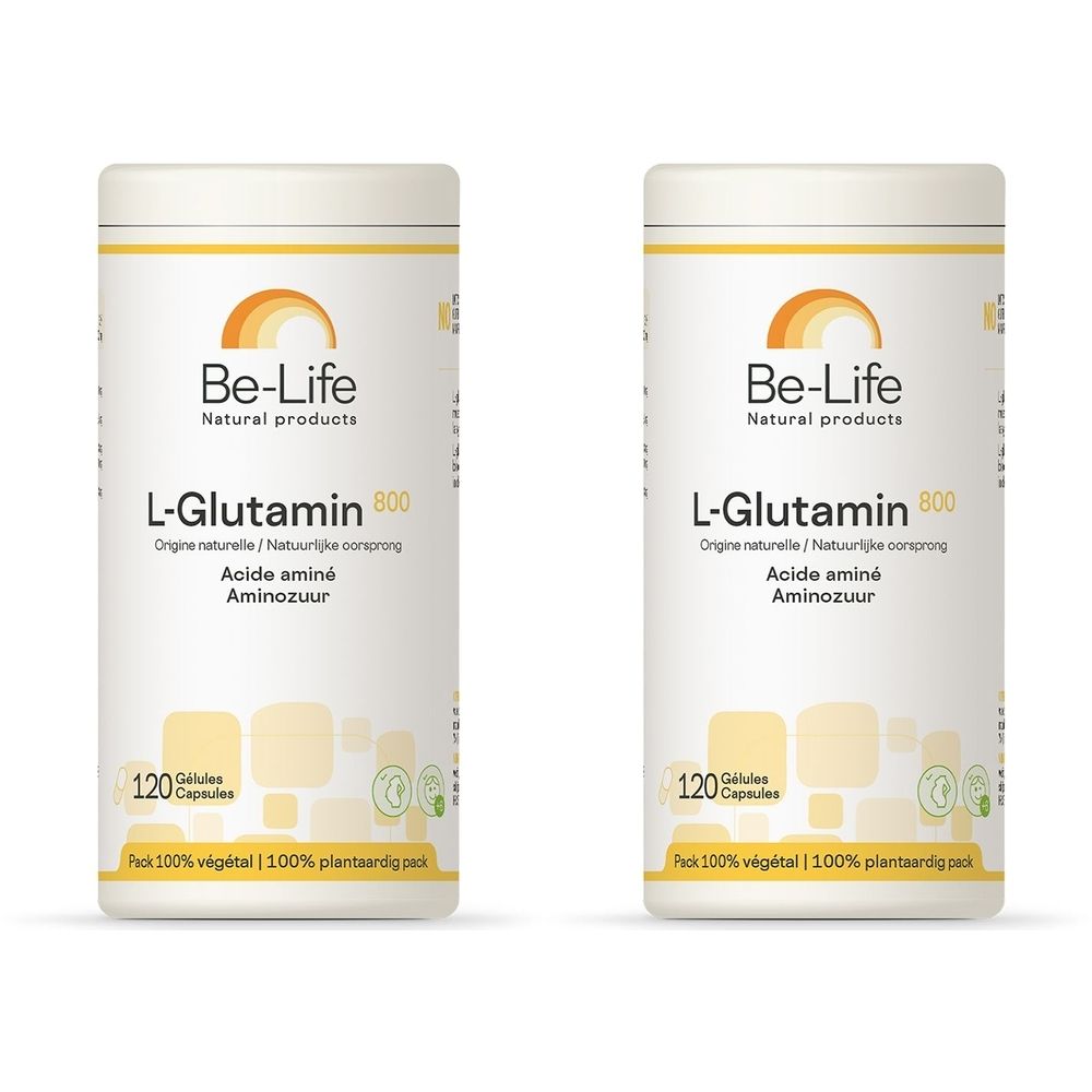 Deux boîtes blanches avec des accents jaunes. Inscription : Be-Life L-Glutamine 800, 120 gélules. D'origine naturelle. Emballage végétal.