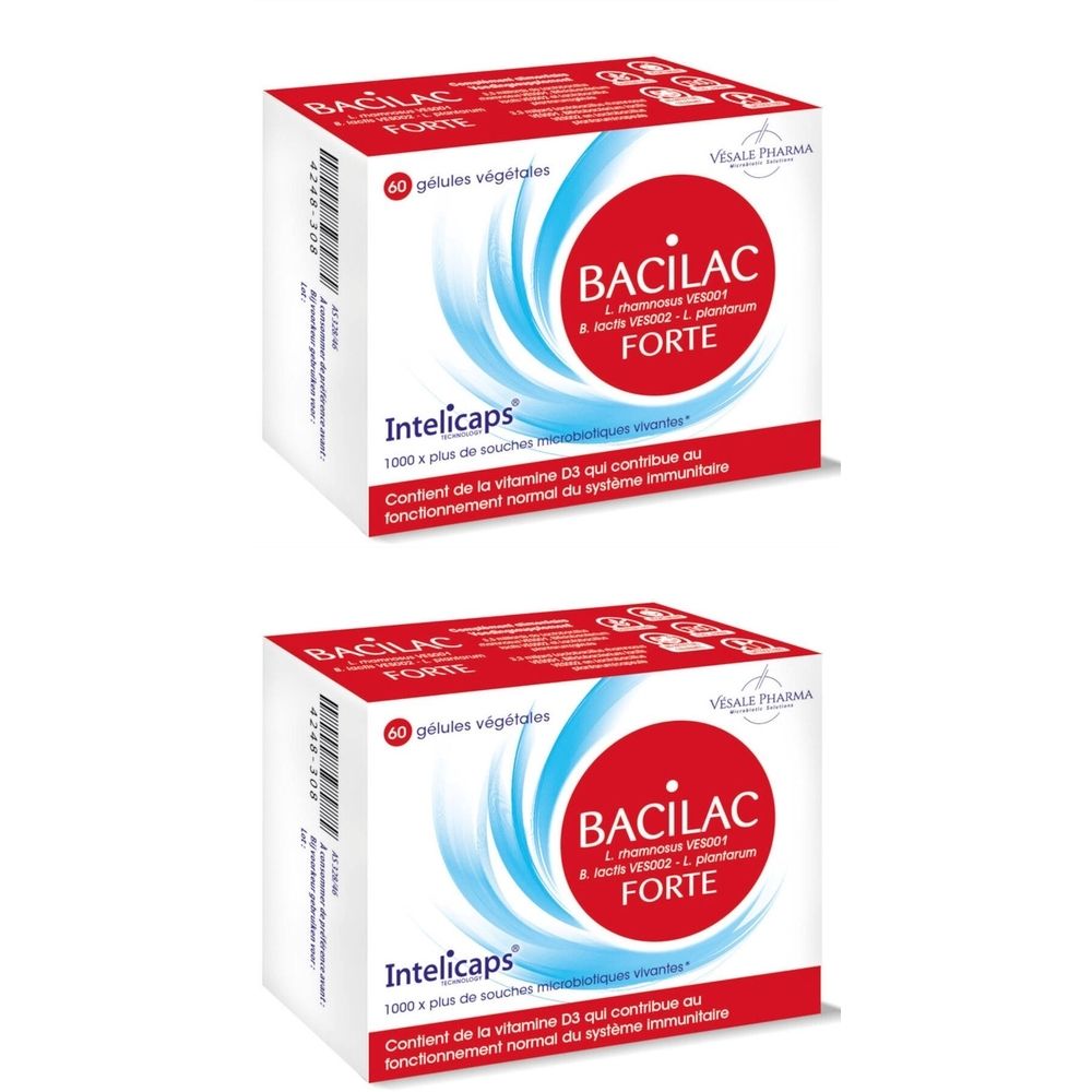 Deux boîtes blanches avec graphiques rouges et bleus. Inscription: BACILAC FORTE, Intelicaps, 60 gélules végétales.
