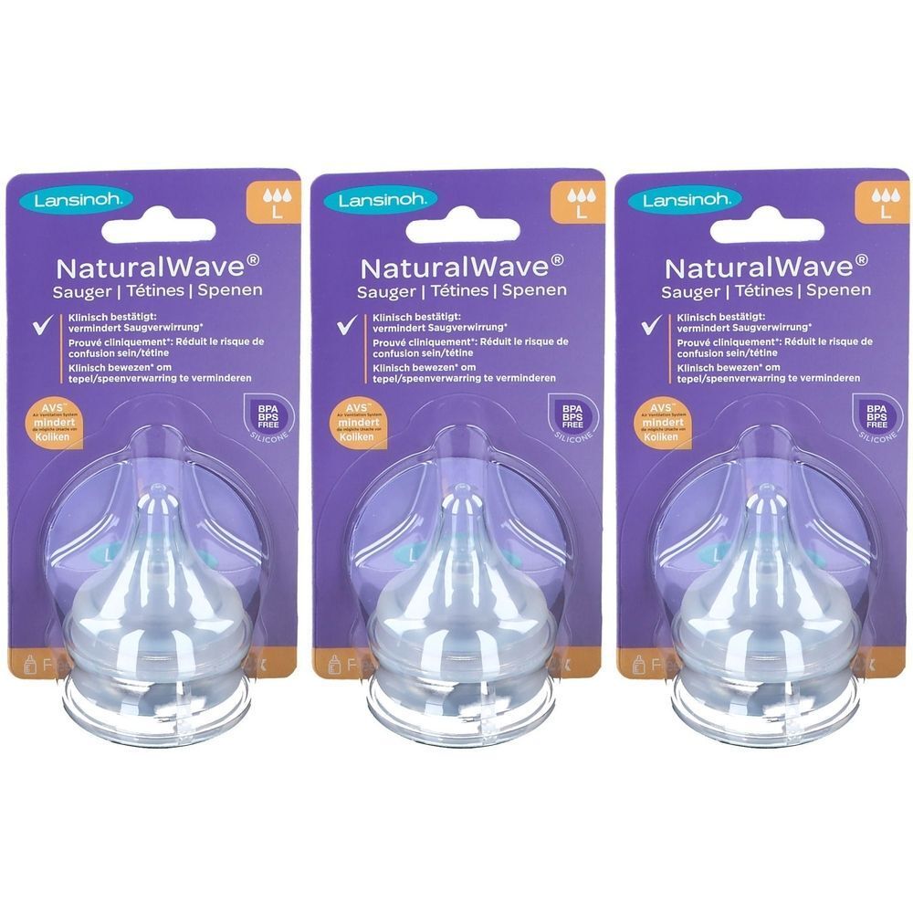 Trois tétines emballées. Inscription: NaturalWave, L. Sans BPA.