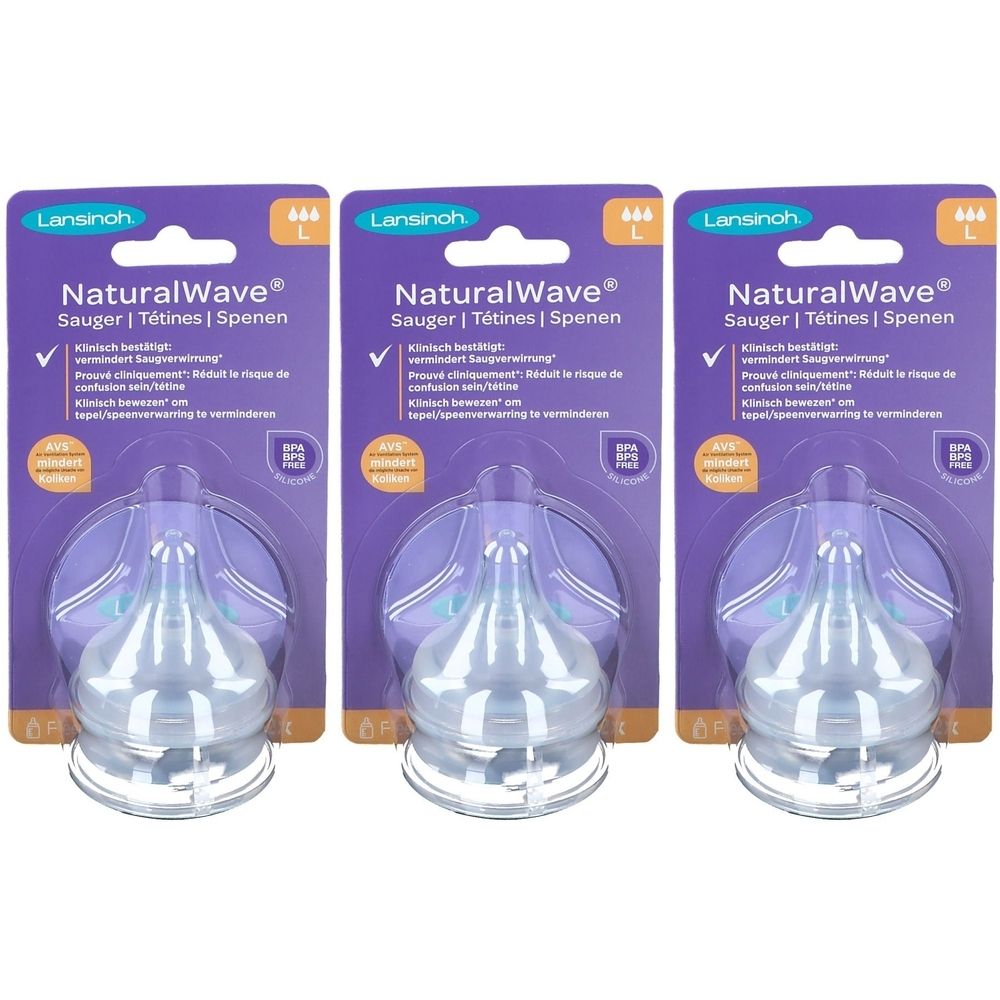 Trois tétines emballées. Inscription: NaturalWave, L. Sans BPA.