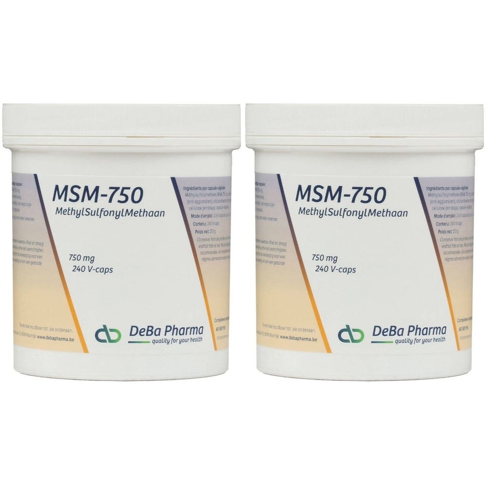 Deux boîtes blanches avec l'inscription "MSM-750 MethylSulfonylMethaan". Inscription "750 mg 240 V-caps" et logo DeBa Pharma.