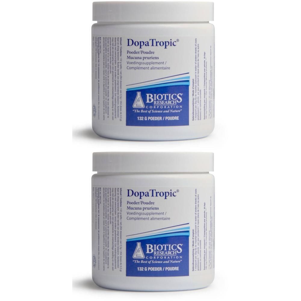 Deux pots blancs DopaTropic. Inscription: DopaTropic, Biotics Research Corporation, 132 g.