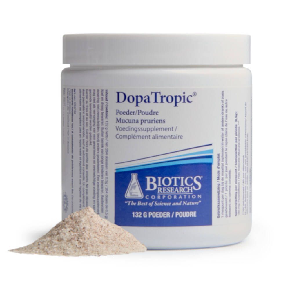 Pot blanc DopaTropic avec poudre à côté. Inscription: DopaTropic, Biotics Research Corporation, 132 g.