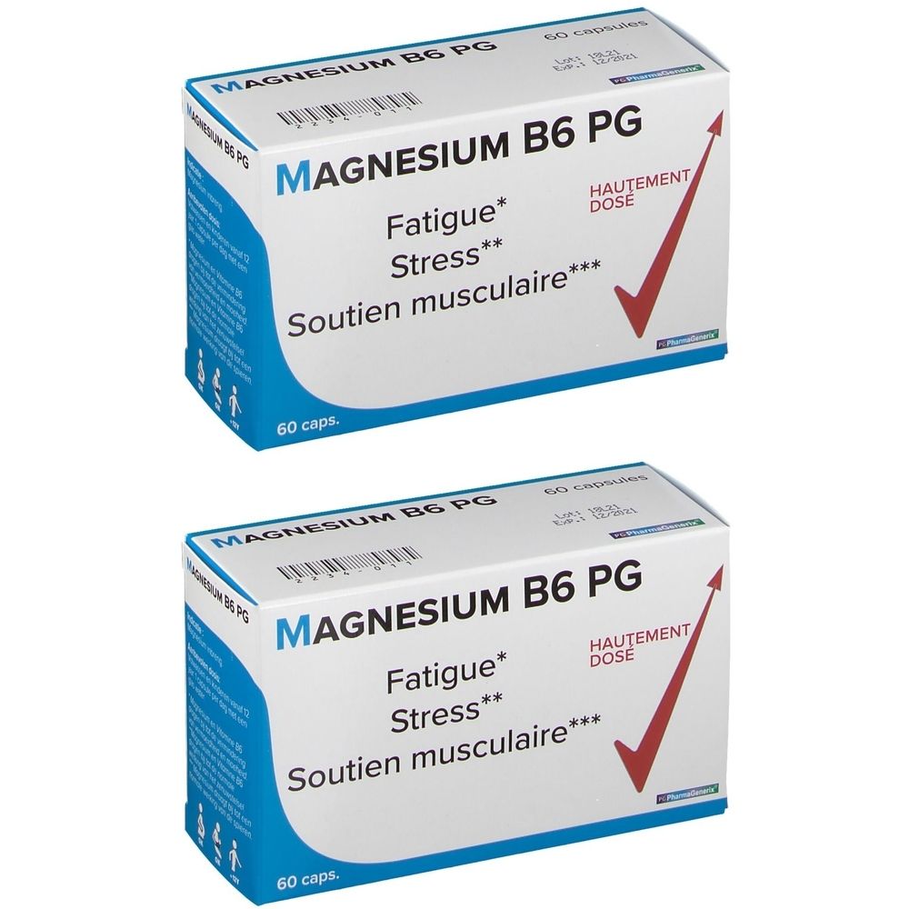 Deux boîtes de Magnesium B6 PG. Inscriptions: Fatigue, Stress, Soutien musculaire. Flèche rouge et texte: Hautement Dose. 60 capsules.