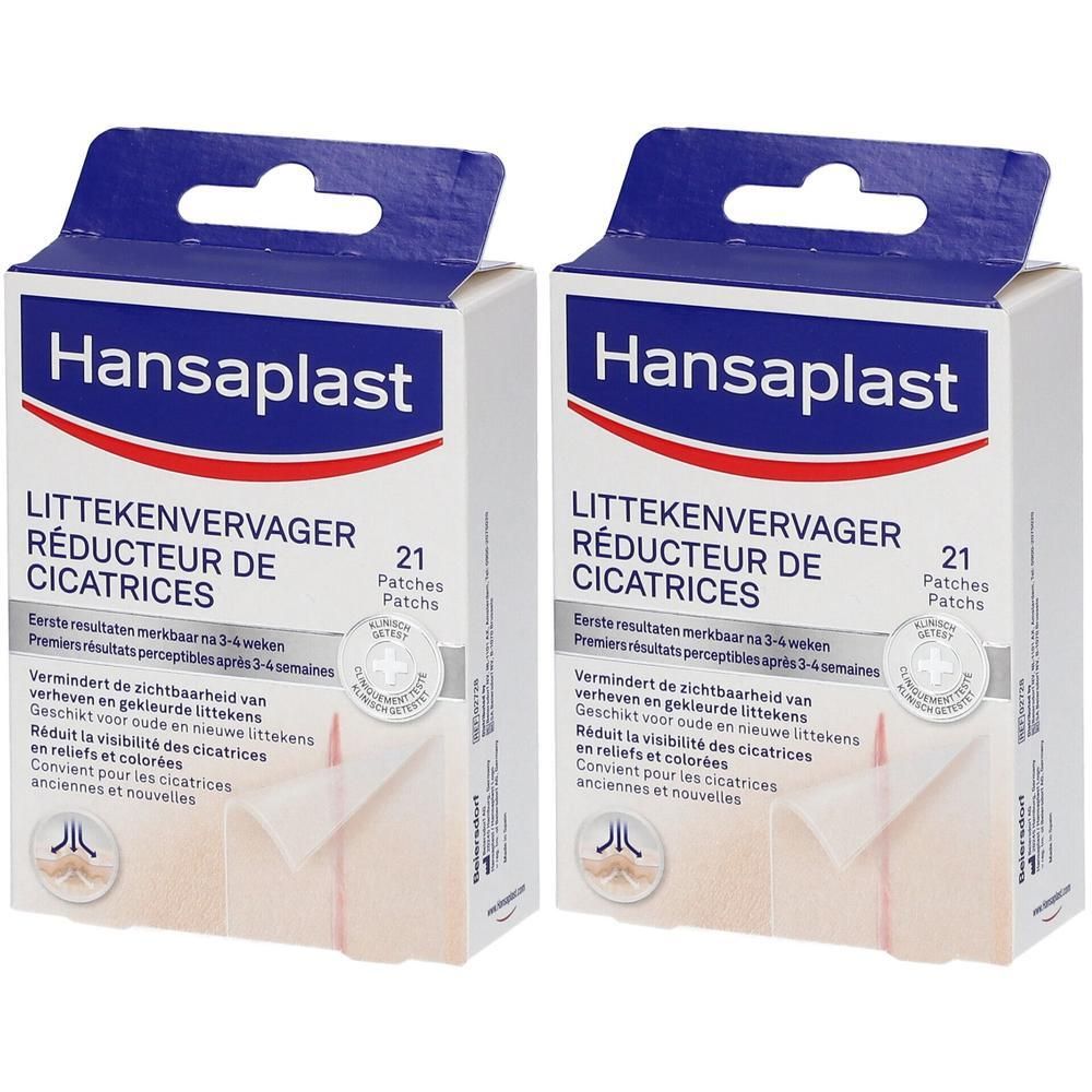 Deux boîtes Hansaplast Réducteur de cicatrices. Boîtes blanches avec rabat bleu. Texte : 'Littekenvervager', 'Réducteur de cicatrices'.