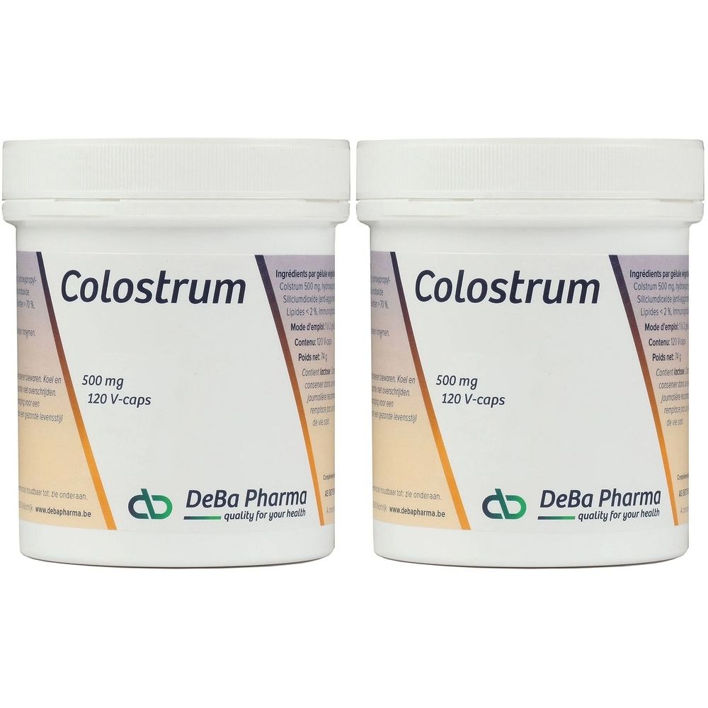 Deux pots blancs avec l'inscription "Colostrum", "500 mg", "120 V-caps" et le logo DeBa Pharma.