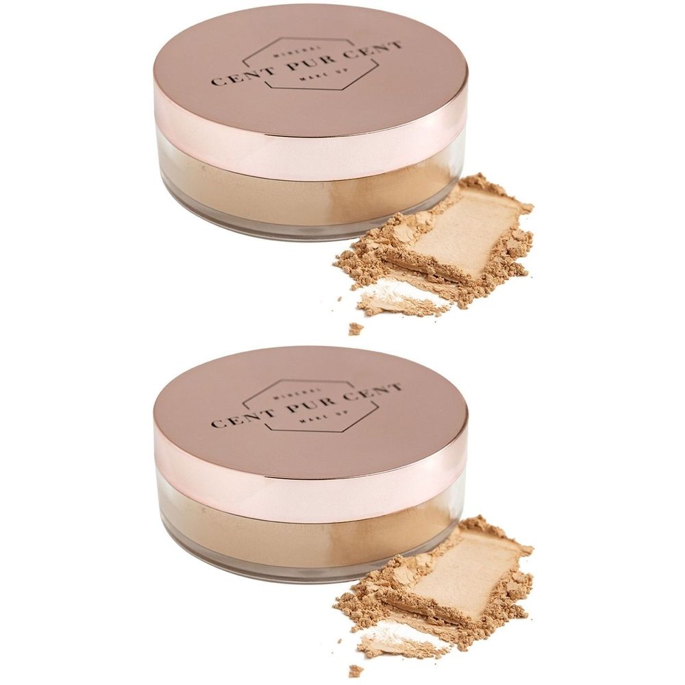 Deux pots de fond de teint minéral en poudre avec couvercles. Échantillons de produit à côté. "CENT PUR CENT MAKE UP" sur les couvercles.