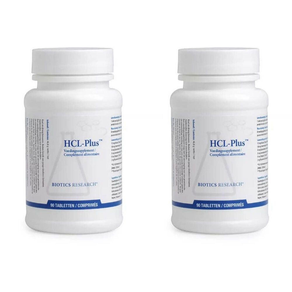Deux flacons blancs BIOTICS RESEARCH HCL Plus™. Inscription HCL-Plus, complément alimentaire. 90 comprimés.