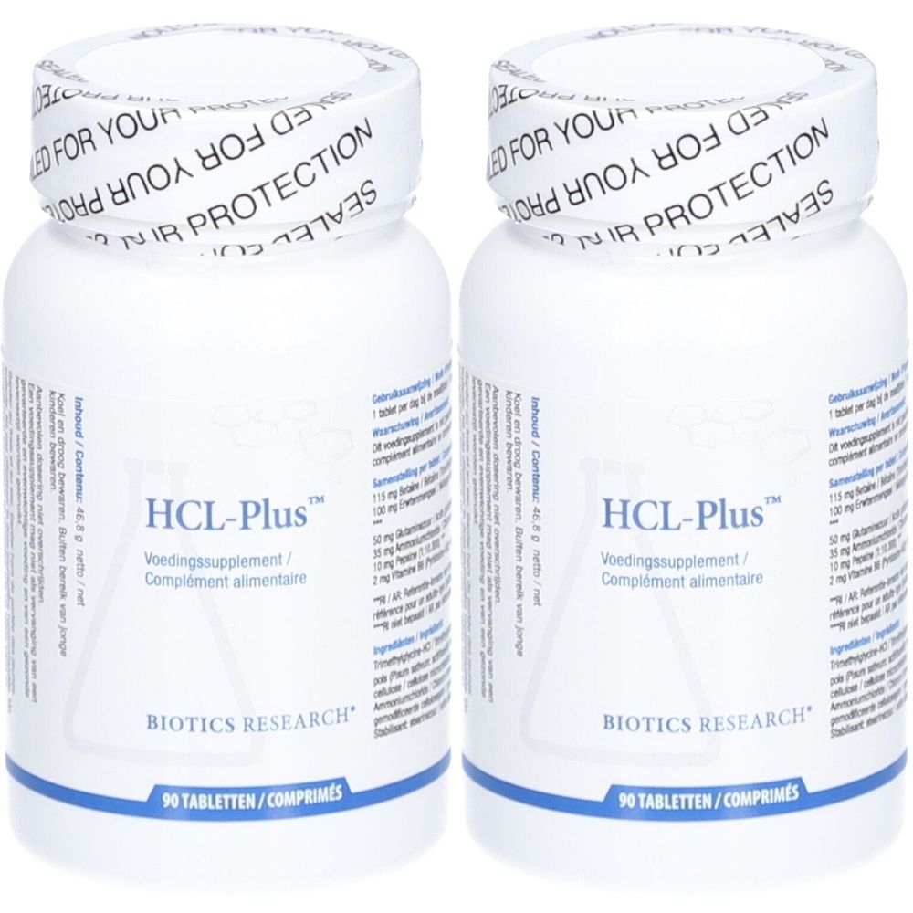 Deux flacons blancs BIOTICS RESEARCH HCL Plus™. Inscription HCL-Plus, complément alimentaire. Sceau: SEALED FOR YOUR PROTECTION.