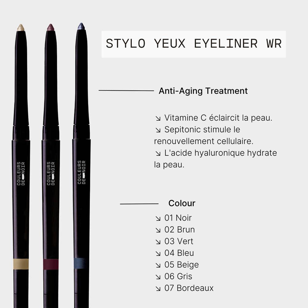 Sept eye-liners noirs de différentes couleurs avec nom de marque visible.