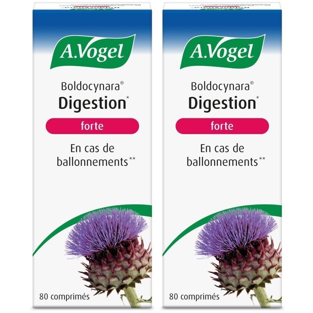 A.Vogel Boldocynara® Digestion Forte. Boîte blanche avec chardon violet. Texte: Digestion forte, 80 comprimés.