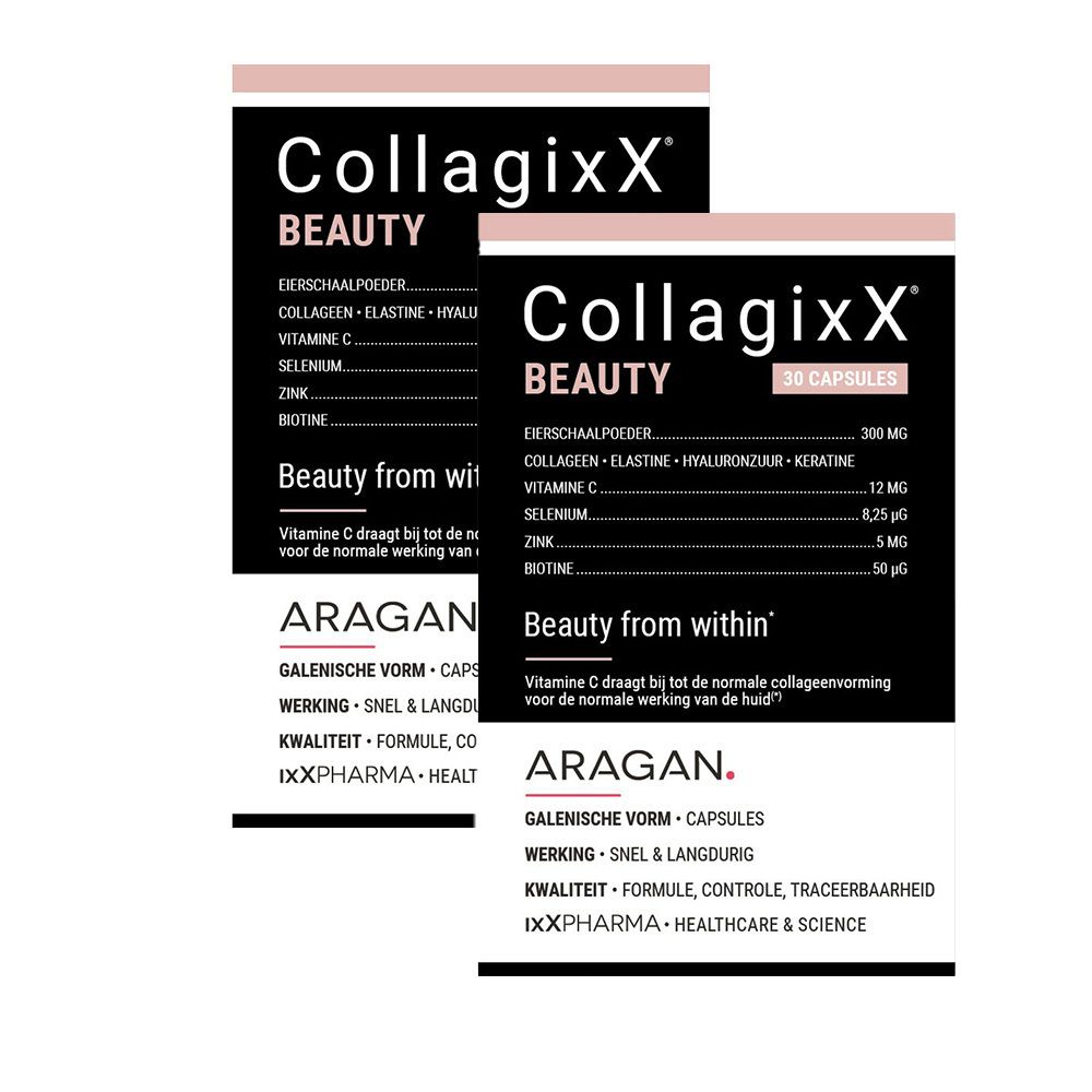 Deux boîtes de CollagixX BEAUTY. Inscriptions : Eierschaalpoeder, Collagène, Elastine, Hyaluronzuur, Kératine, Vitamine C, Sélénium, Zinc, Biotine. 30 gélules.