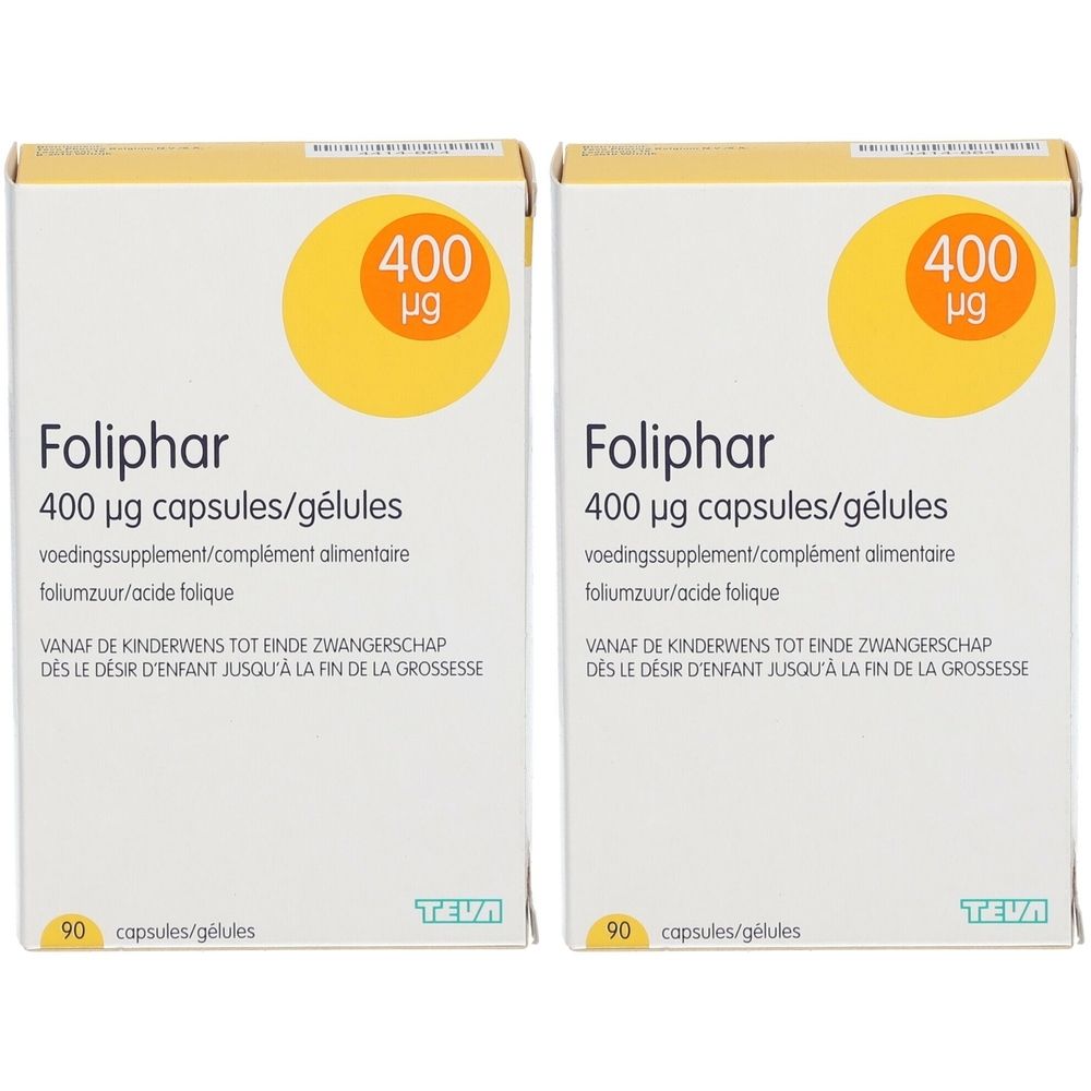 Deux boîtes de Foliphar. Chaque boîte indique "400 µg capsules/gélules". Marque TEVA. 90 gélules.
