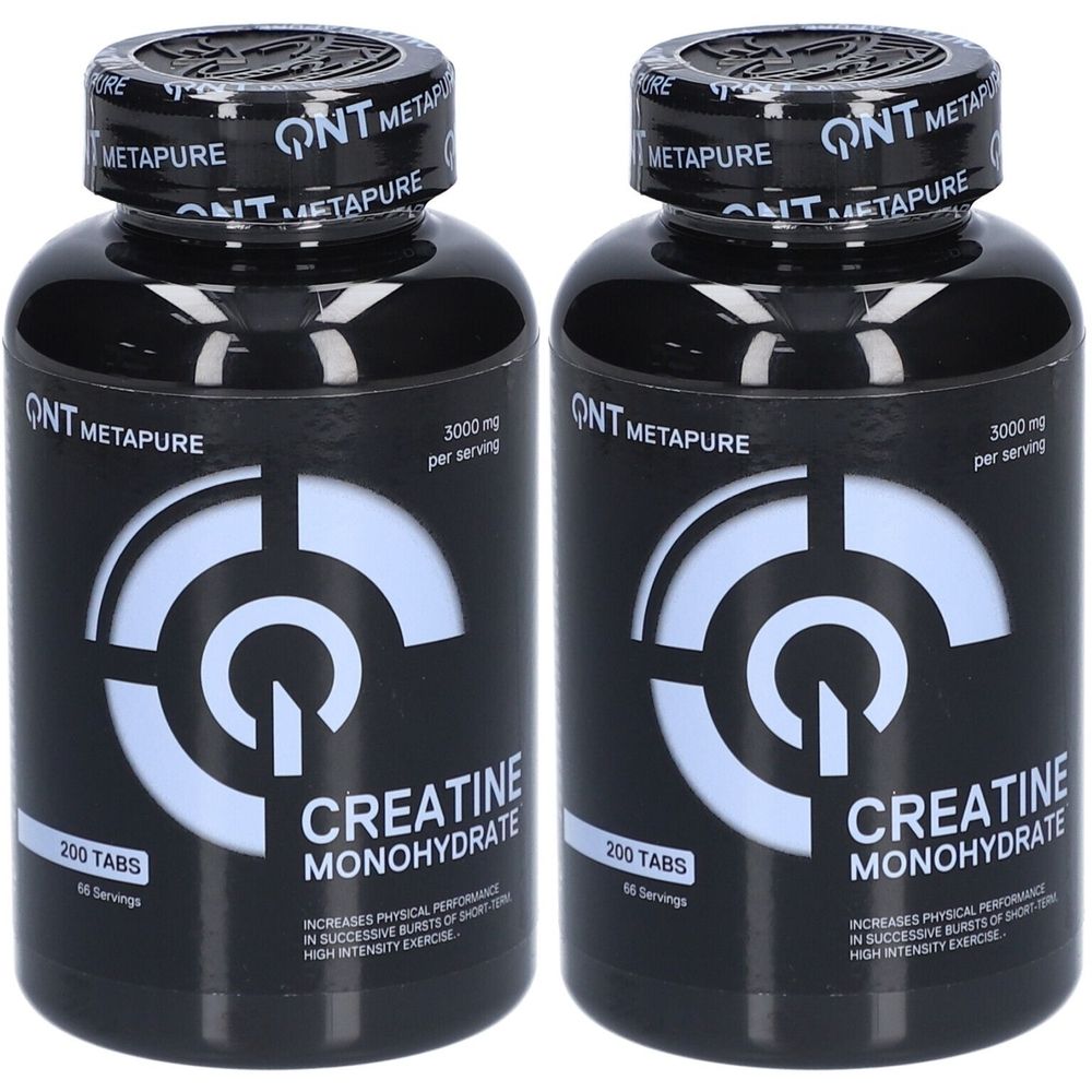 Deux flacons noirs avec étiquette blanche. Inscription : QNT Metapure Créatine Monohydrate. 200 comprimés.