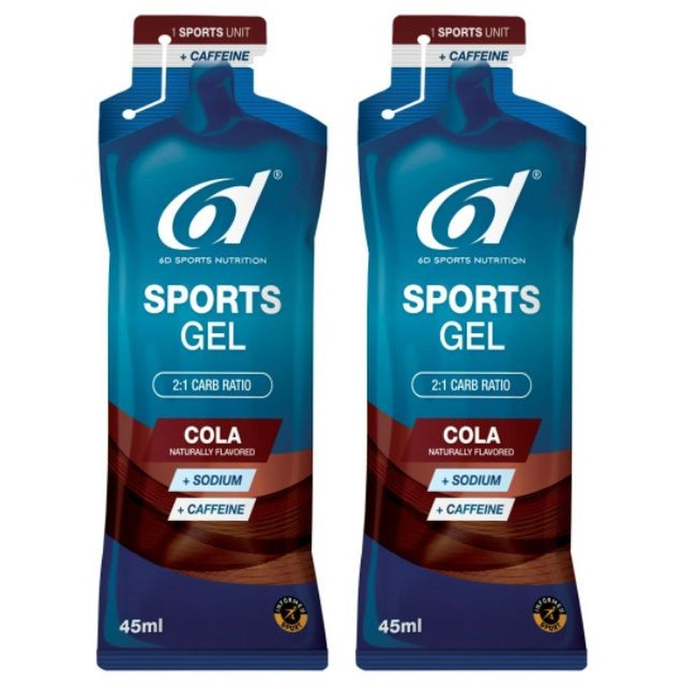 Deux sachets de gel sportif 6D. Inscription : Sports Gel, Cola, Arôme naturel, Sodium, Caféine. 45ml.