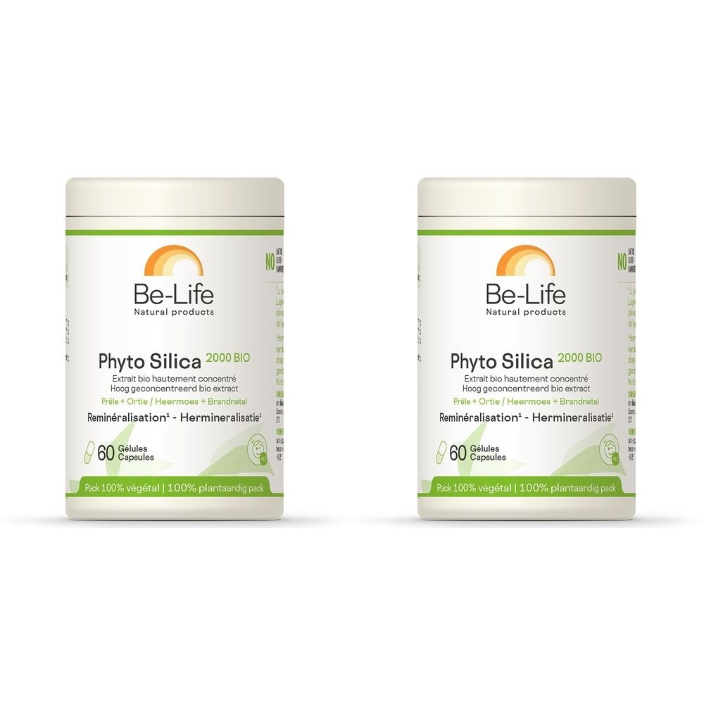 Deux boîtes blanches avec étiquettes vertes et oranges. Inscription : Be-Life, Phyto Silica 2000 BIO, 60 gélules.