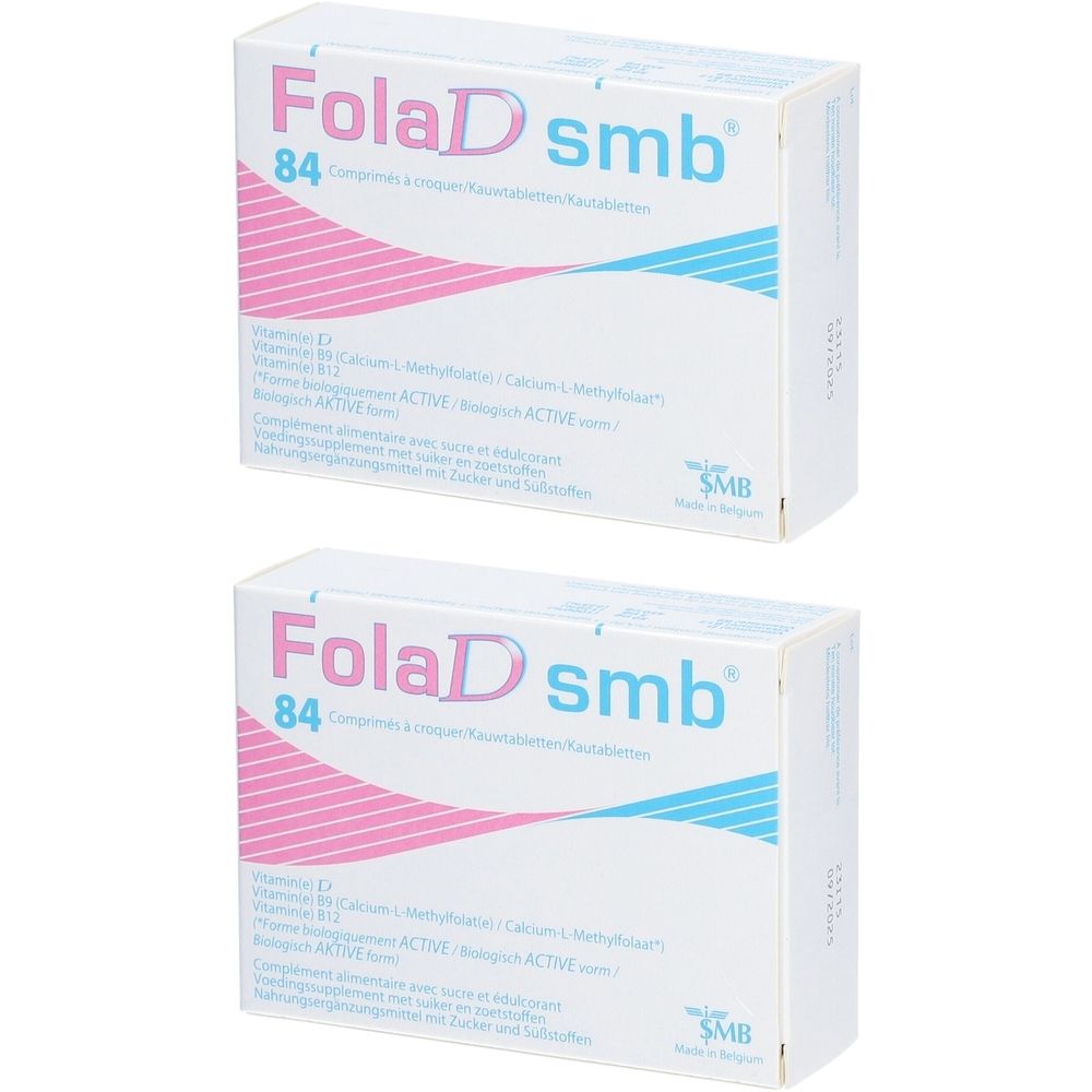 Deux boîtes blanches "FolaD smb". Bandes roses et bleues sur le dessus. Texte en plusieurs langues. Contient 84 comprimés.