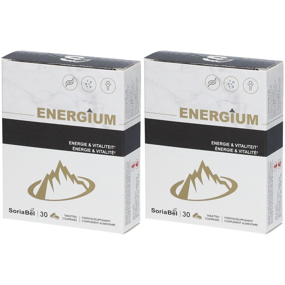 Deux boîtes de Soria Natural Energium. Emballage blanc avec bande noire, nom du produit et logo. 30 comprimés.