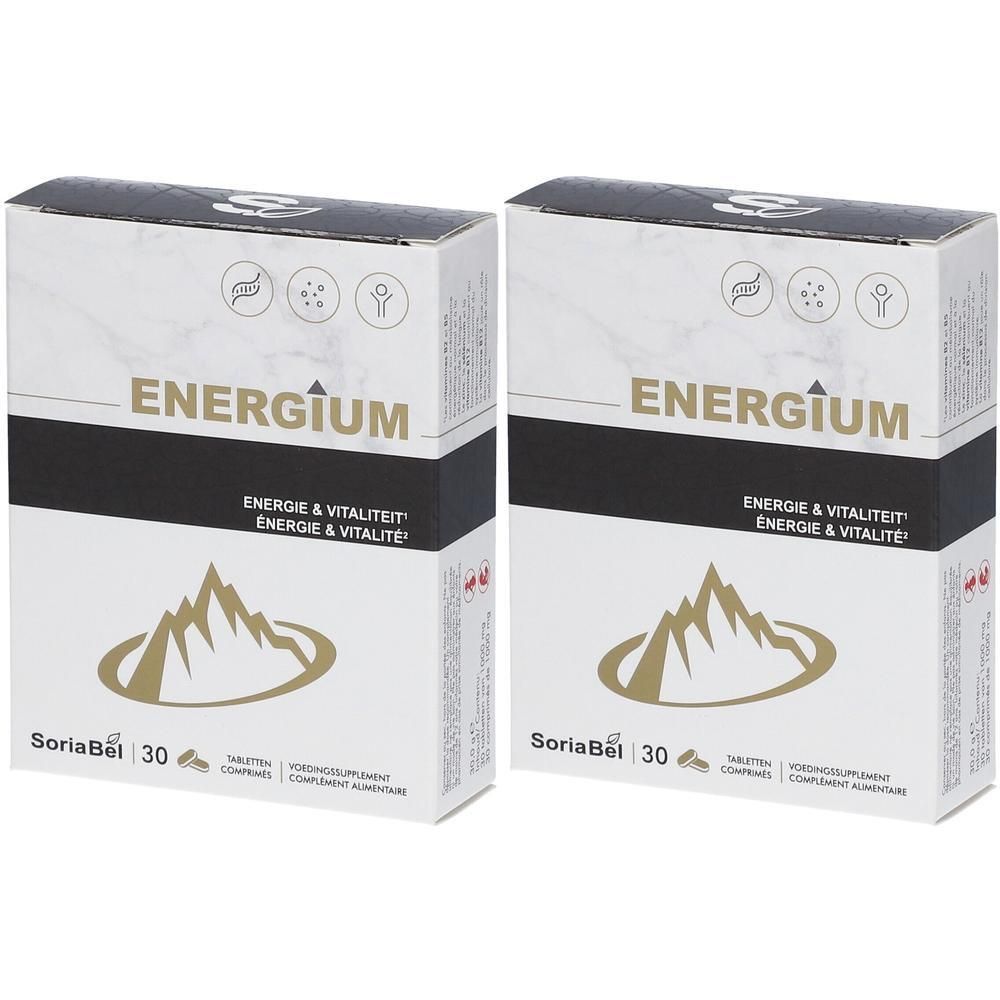 Deux boîtes de Soria Natural Energium. Emballage blanc avec bande noire, nom du produit et logo. 30 comprimés.