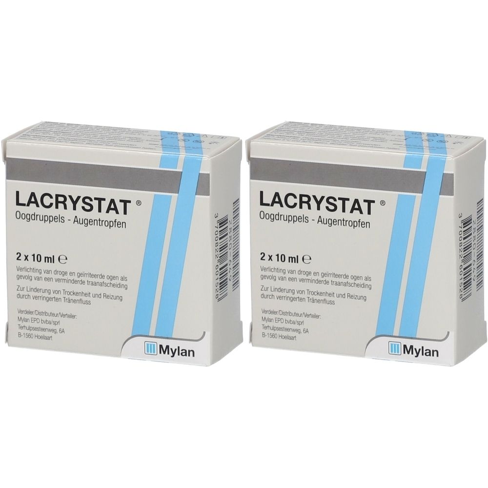 Deux boîtes de Lacrystat Oogdruppels - Augentropfen. Chaque boîte contient 2 x 10 ml. Bandes bleues sur fond beige.