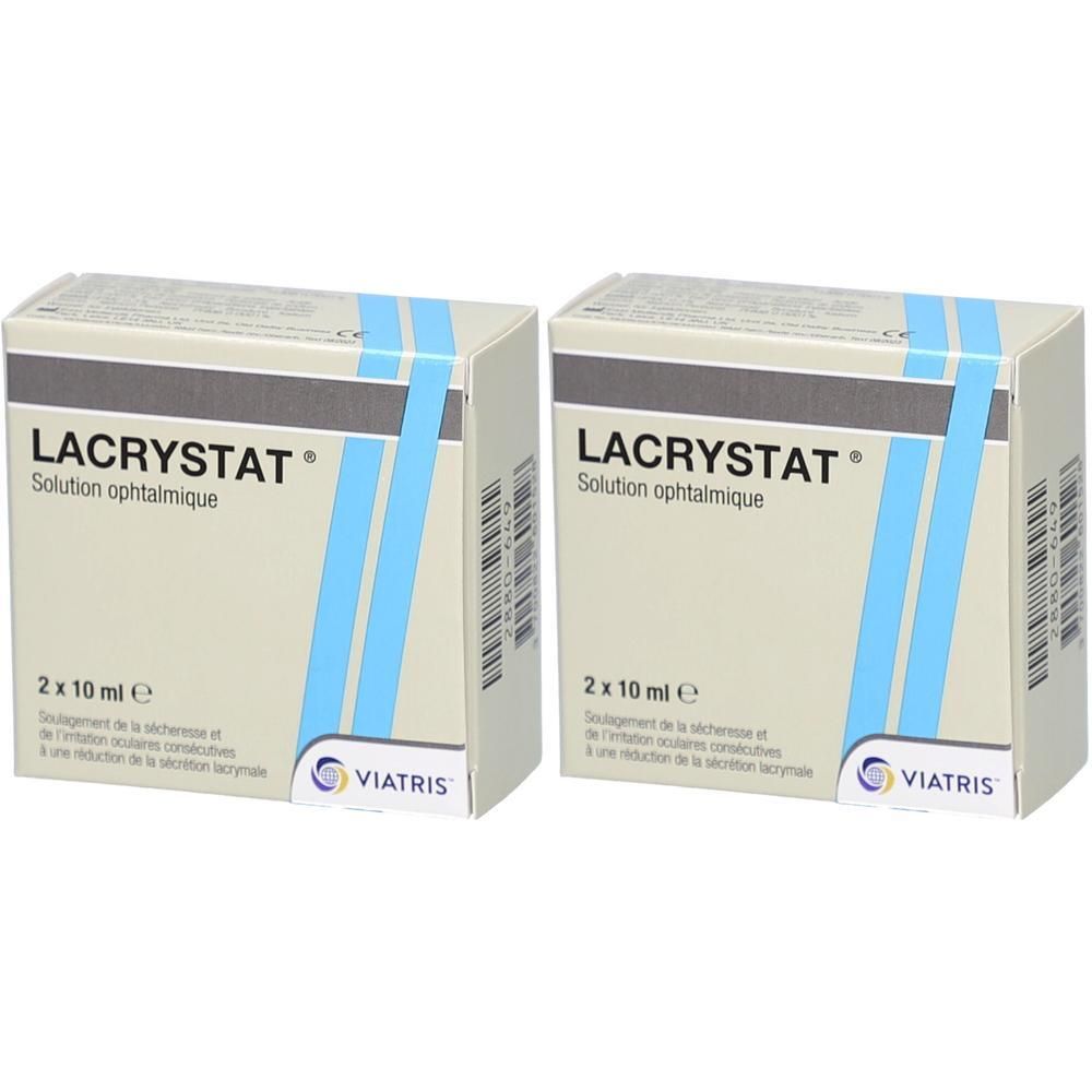 Deux boîtes de Lacrystat Solution ophtalmique. Chaque boîte contient 2 x 10 ml. Bandes bleues sur fond beige.