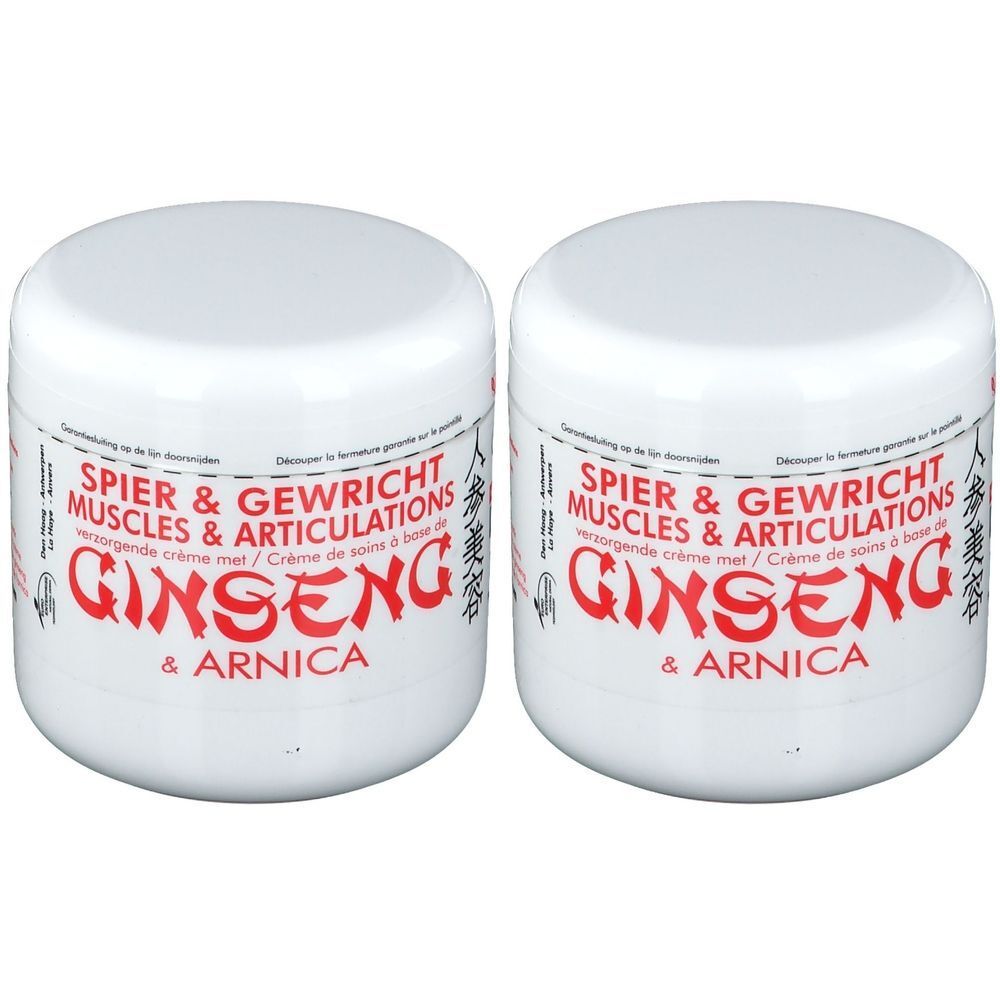 Deux pots blancs avec texte rouge: Ginseng & Arnica. Texte: Muscles & Articulations. Crème de soin.