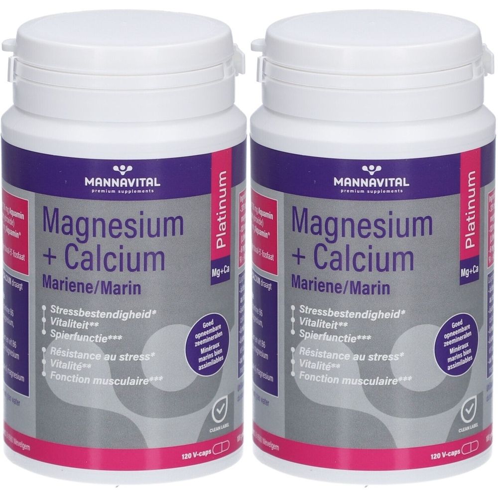 Deux flacons blancs avec étiquettes violettes. Inscription : Magnésium + Calcium. Marque : MannaVital. Bouchons à charnière.