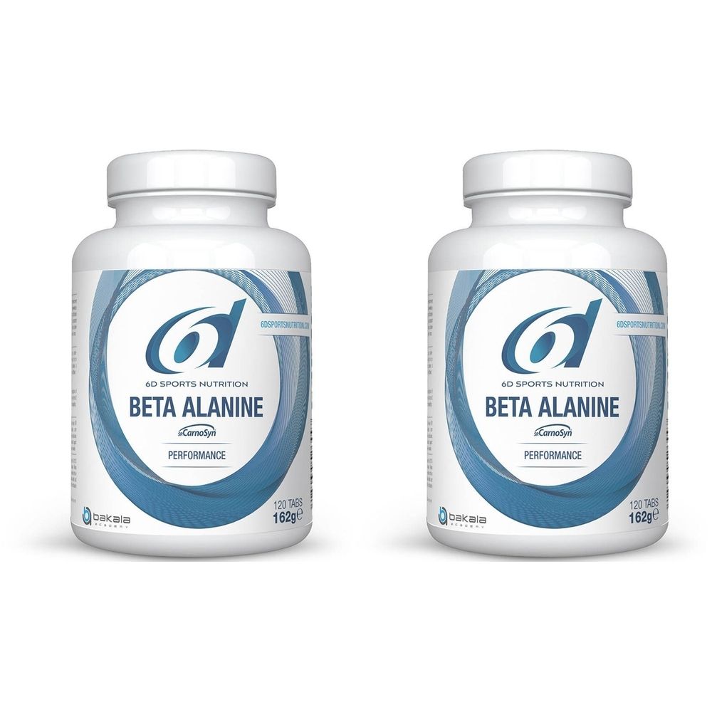 Deux flacons blancs avec étiquette bleu et blanc. Inscription: 6D Sports Nutrition Beta Alanine. Contient 120 comprimés, 162g.