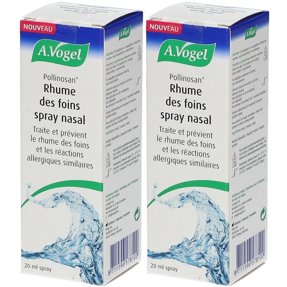 Deux boîtes de spray nasal A.Vogel Pollinosan. Blanc, bleu et vert. Texte : Rhume des foins spray nasal. 20 ml.