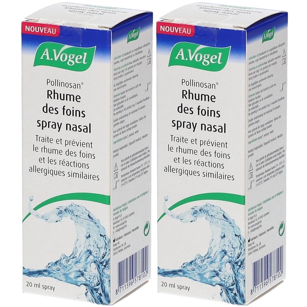 Deux boîtes de spray nasal A.Vogel Pollinosan. Blanc, bleu et vert. Texte : Rhume des foins spray nasal. 20 ml.