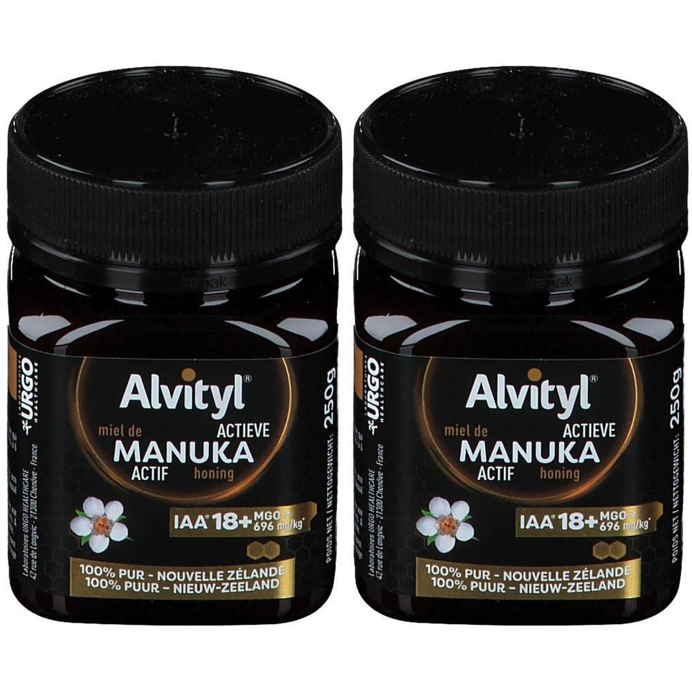 Deux pots de miel de Manuka ACTIF IAA 18+ Alvityl. Pots noirs avec couvercles noirs. Étiquette avec informations.