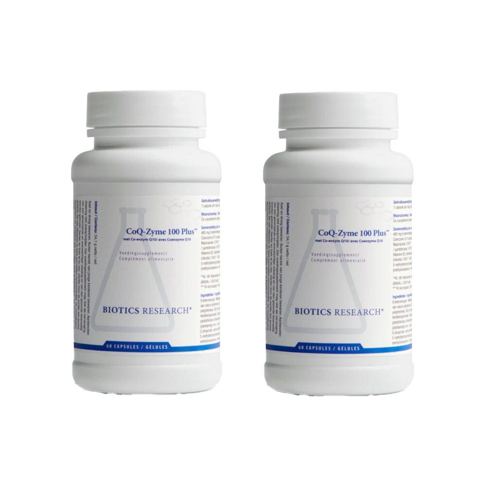 Deux flacons blancs avec étiquettes. Inscription: CoQ-Zyme 100 Plus, Biotics Research. 60 gélules.