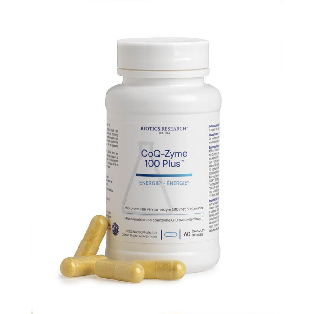Deux bouteilles de Biotics Research CoQ-Zyme 100 Plus, 60 gélules par bouteille.