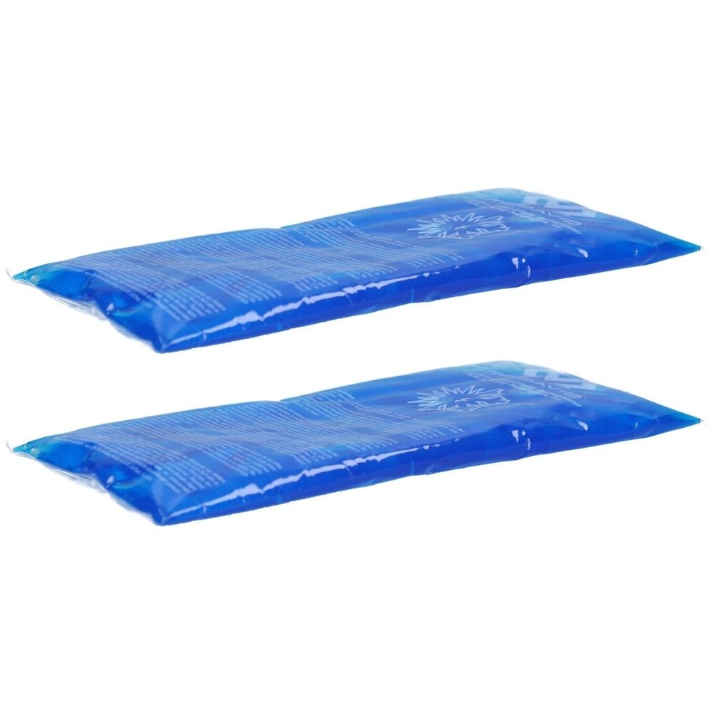 Deux packs froids bleus, rectangulaires. Inscription illisible. Réutilisable.