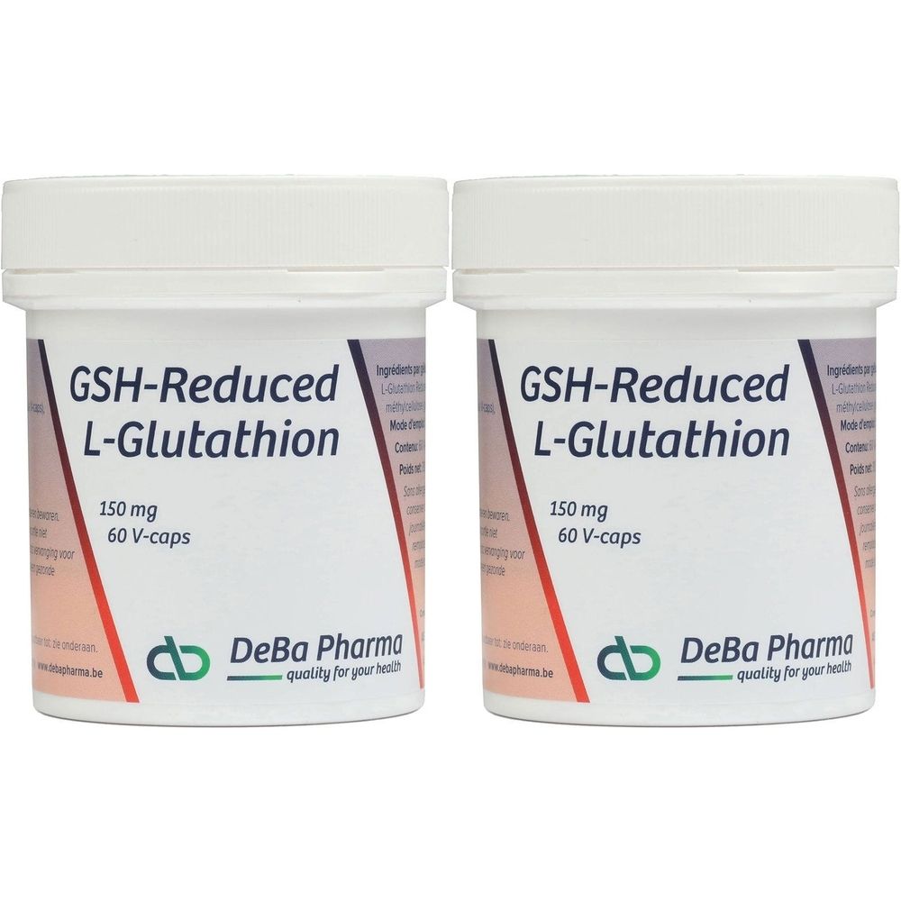 Deux pots blancs avec l'inscription GSH-Reduced L-Glutathion, 150 mg, 60 V-caps. Logo DeBa Pharma.