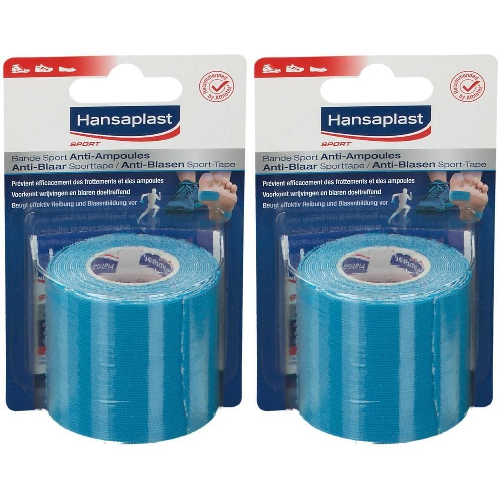 Deux emballages de bandage Hansaplast SPORT Anti-Ampoules. Rouleau bleu en blister. Logo et nom du produit visibles.