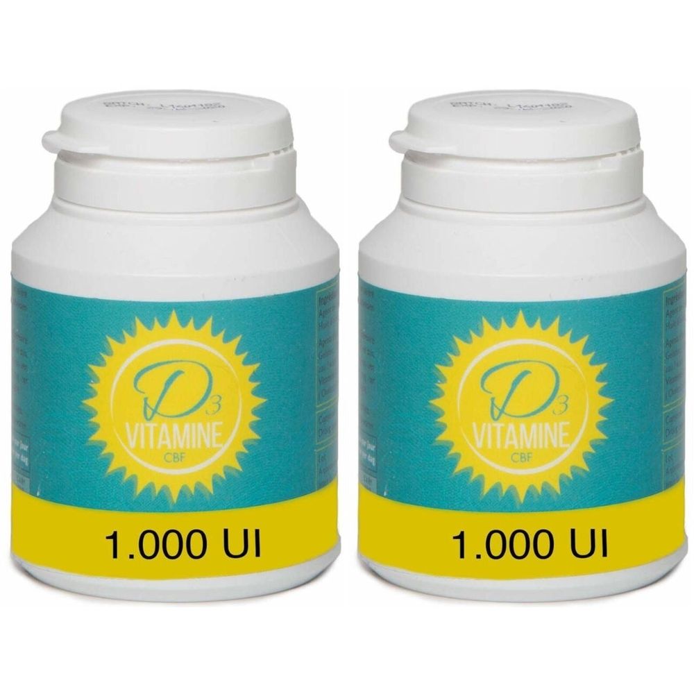 Deux flacons blancs avec étiquettes jaunes. Inscription : D3 Vitamine CBF, 1.000 UI.