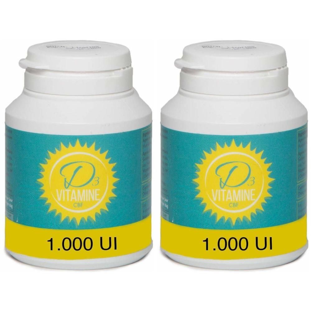 Deux flacons blancs avec étiquettes jaunes. Inscription : D3 Vitamine CBF, 1.000 UI.
