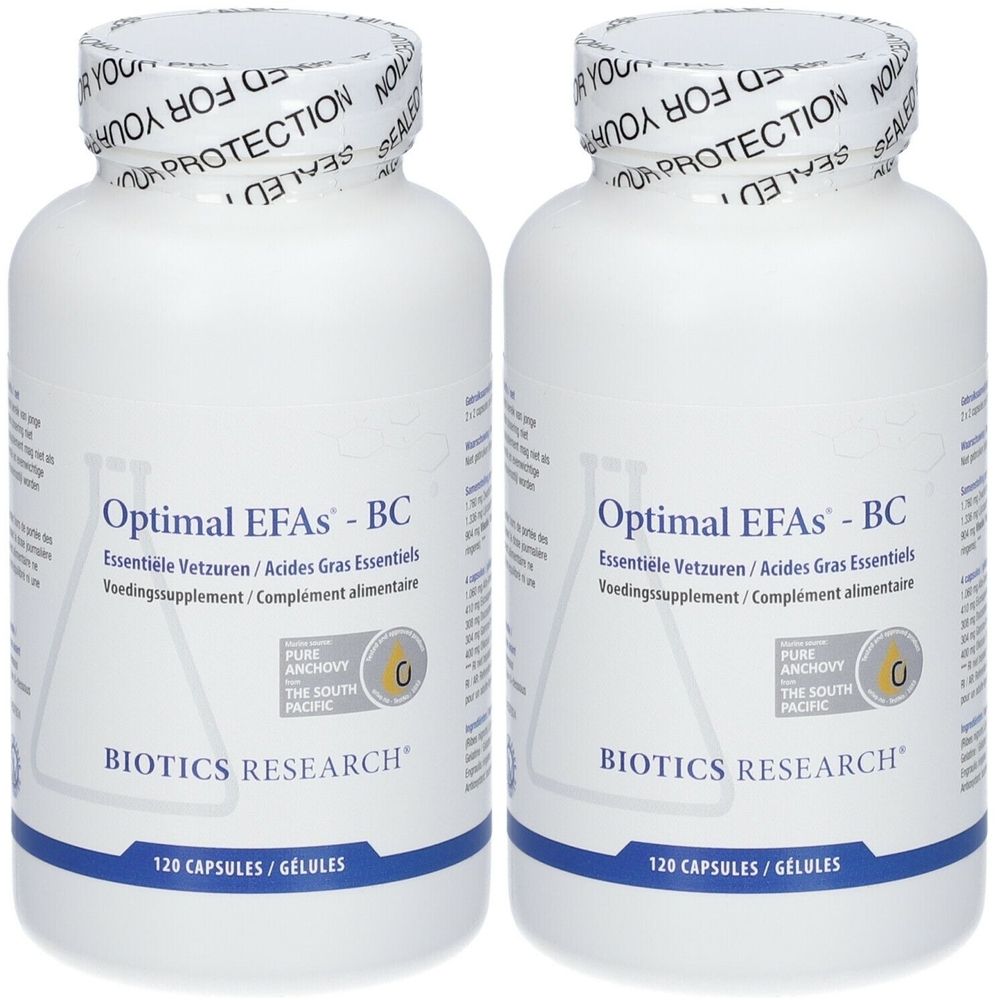 Deux flacons blancs avec étiquette: Optimal EFAs - BC. Texte: Biotics Research, 120 capsules. Sceau: Pour votre protection.