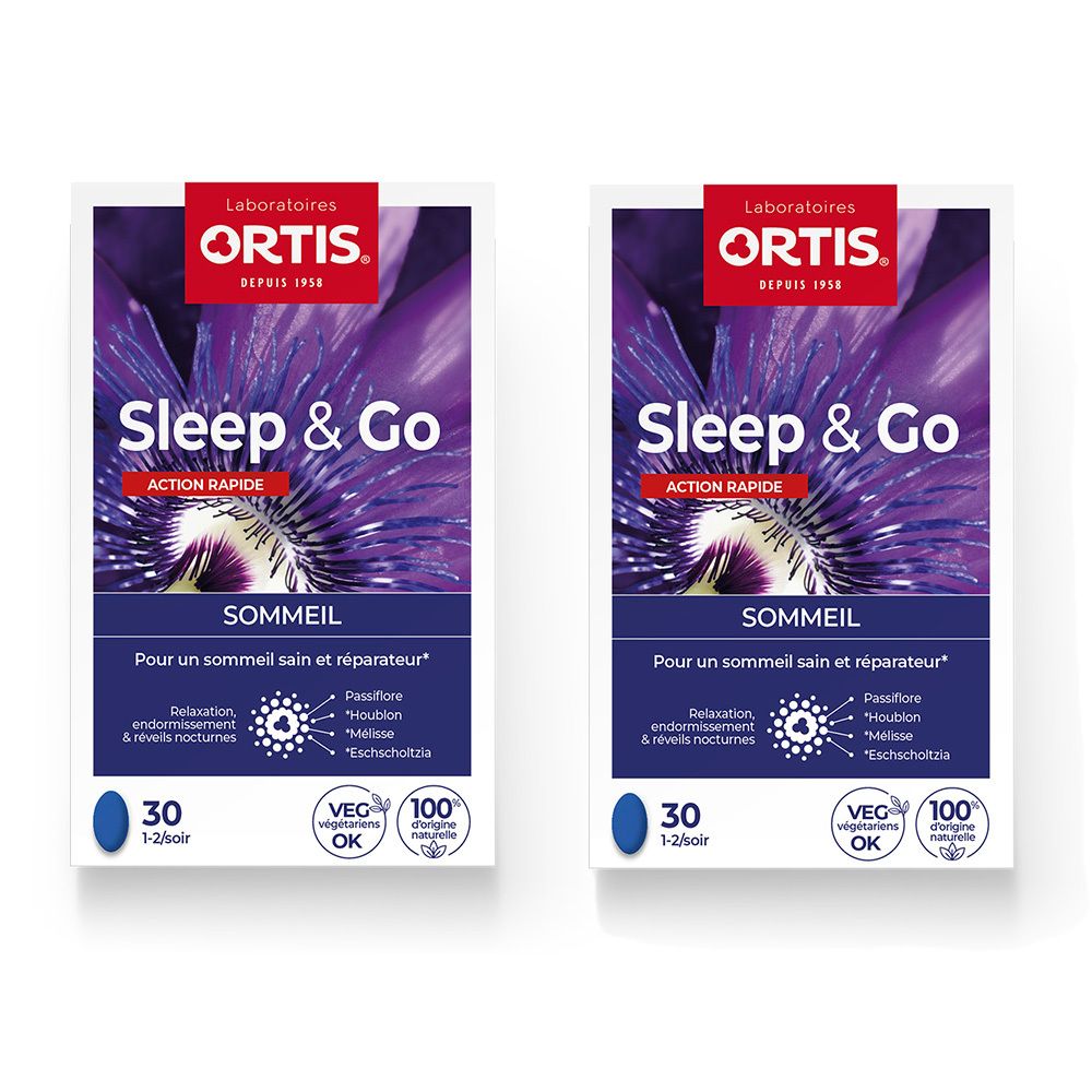 Deux boîtes de "Sleep & Go". Marque "Laboratoires Ortis". Contient 30 comprimés. Label "VEG OK" et "100% origine naturelle".