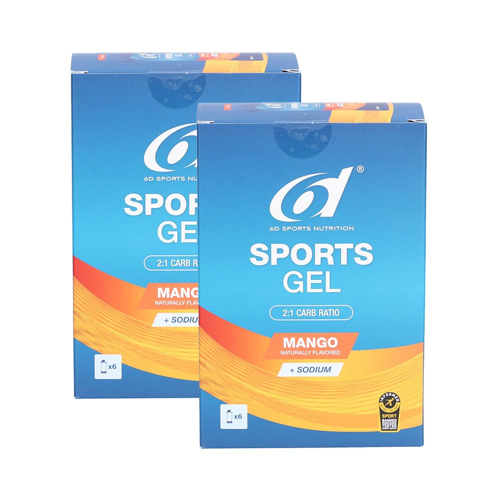 Deux boîtes bleues "6D Sports Nutrition Sports Gel". Inscription: Mango, 2:1 Carb Ratio, Sodium. Avec logo et label de qualité.