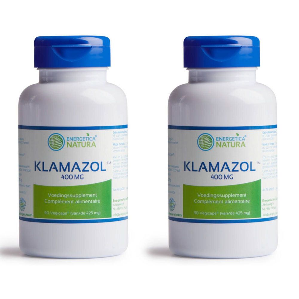 Deux flacons blancs avec bouchons bleus. Inscription: Klamazol 400 mg, Energetica Natura. Complément alimentaire.
