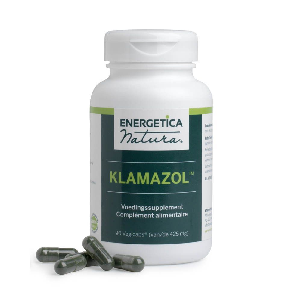 Un flacon blanc de Klamazol 400 mg avec bouchon blanc et quatre gélules vertes à côté.